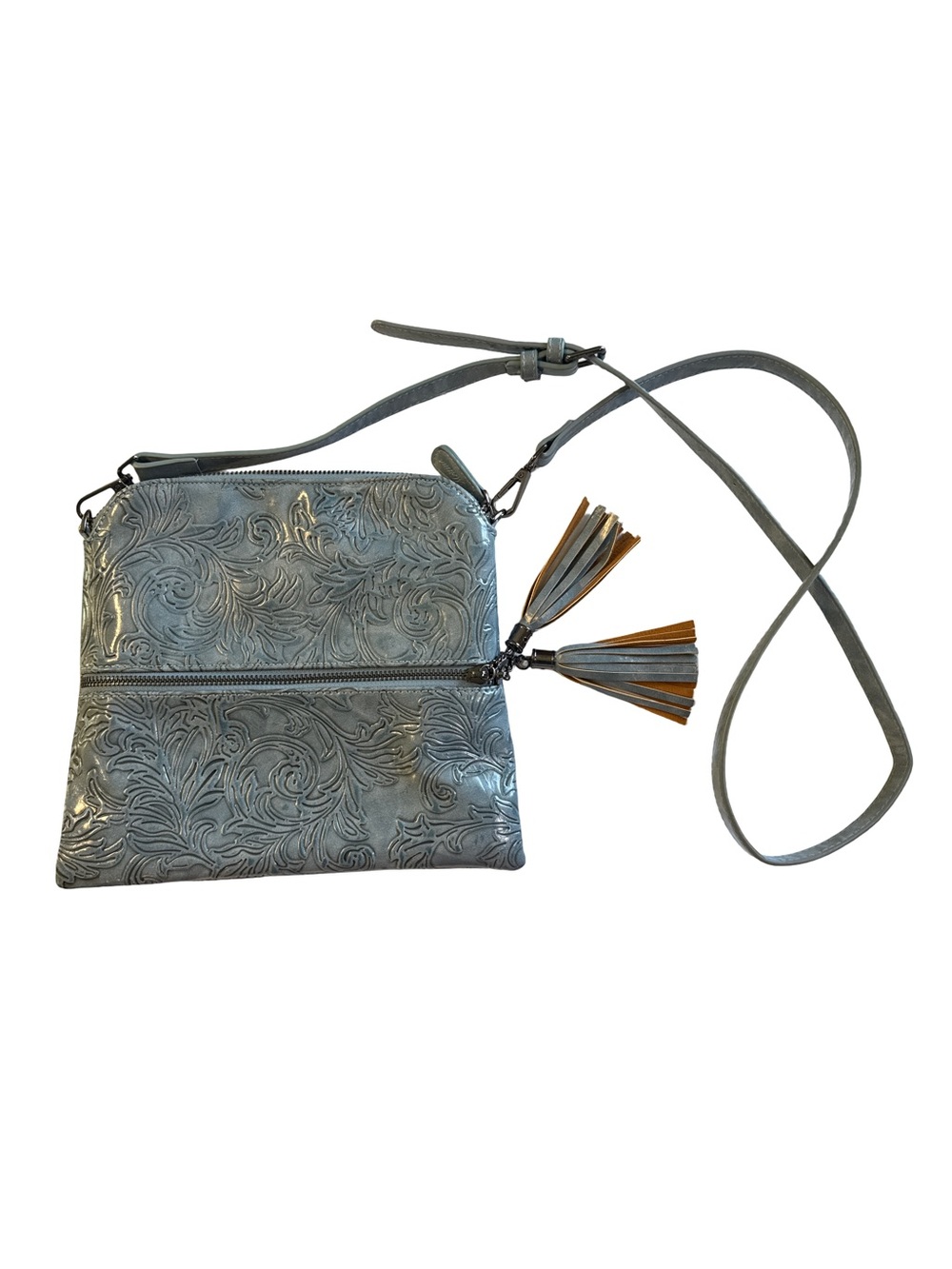 Embossed Floral Crossbody Bag with Tassel - Blue